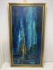 LARGE ANTIQUE ORIGINAL OIL PAINTING BLUE AQUA SHIPS HARBOR SIGNED KORACH OOAK