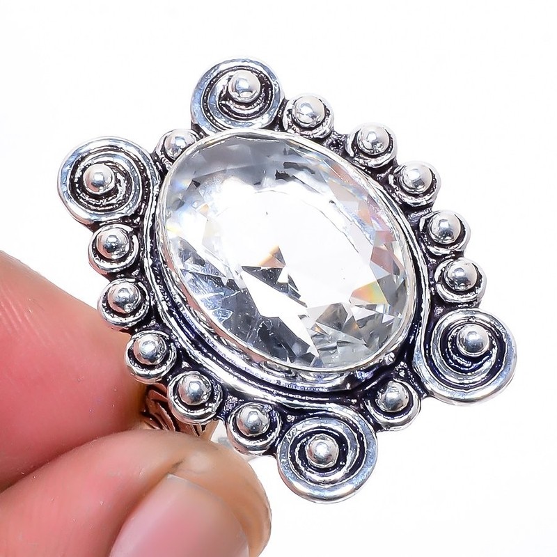 White Topaz Gemstone 925 Silver Plated Jewelry Ring s.8.5 F2514