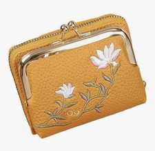 Flower Embroidered Yellow Coin And Card Purse, Accordion Style Multi-Card Slots