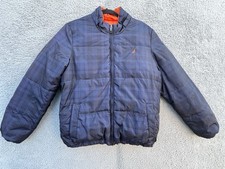 Nautica Down Puffer Jacket Youth Sz L 14/16 Reversible Blue Plaid/Orange READ