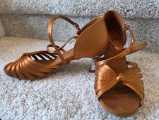 G Franco Latin Dance Shoe Size 7/7.5 Dark Tan Satin/Suede 2" Flare Heel