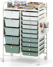 15 Drawer Storage Cart Rolling Craft Cart W/ Metal Tabletop Pegboard Mobile