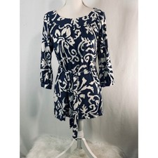 Oscar de la Renta Navy White Ikat Print Belted Tunic Dress Small