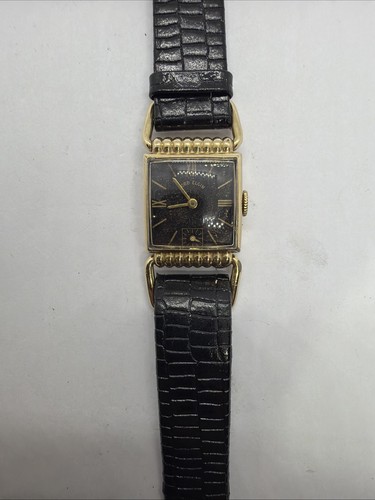 Beautiful 21J Black Dial 14K YGF Lord Elgin 1950s Drivers Wrist Watch Runs P5