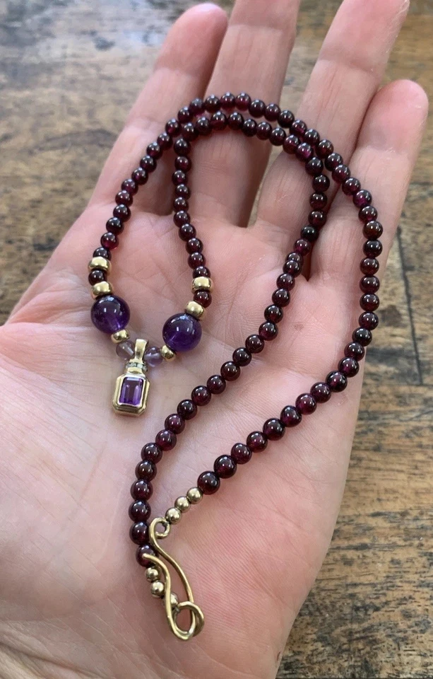 Vintage Solid 9ct Yellow Gold & Diamond, Natural Amethyst & Garnet Necklace. - image 3 of 4