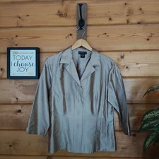 Vintage Finity Blouse 100% Silk Taupe Button Down Blouse Slub Knit Shirt Size 12