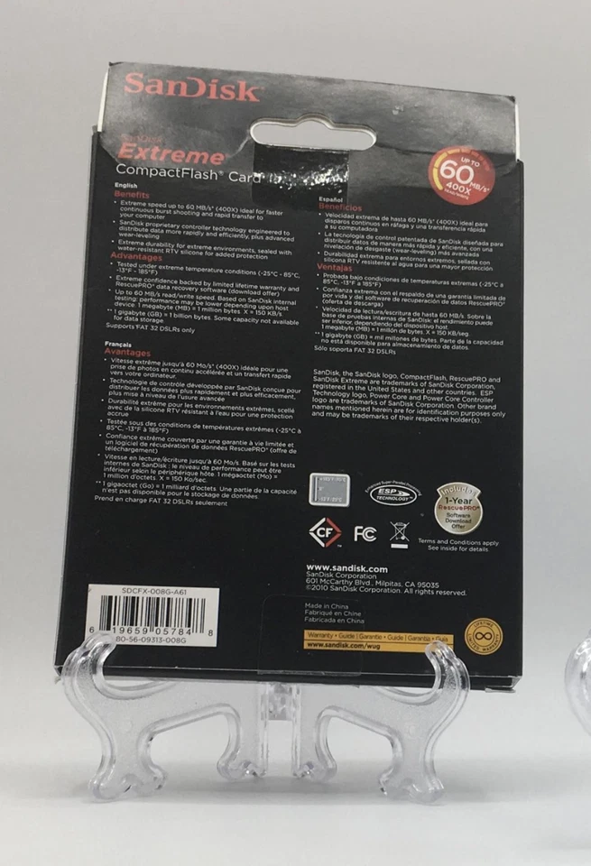 Sandisk 8 GB Extreme CompactFlash Card UDMA 60MB/s 400x Speed (SDCFX-008G-A61) - Image 2 of 2