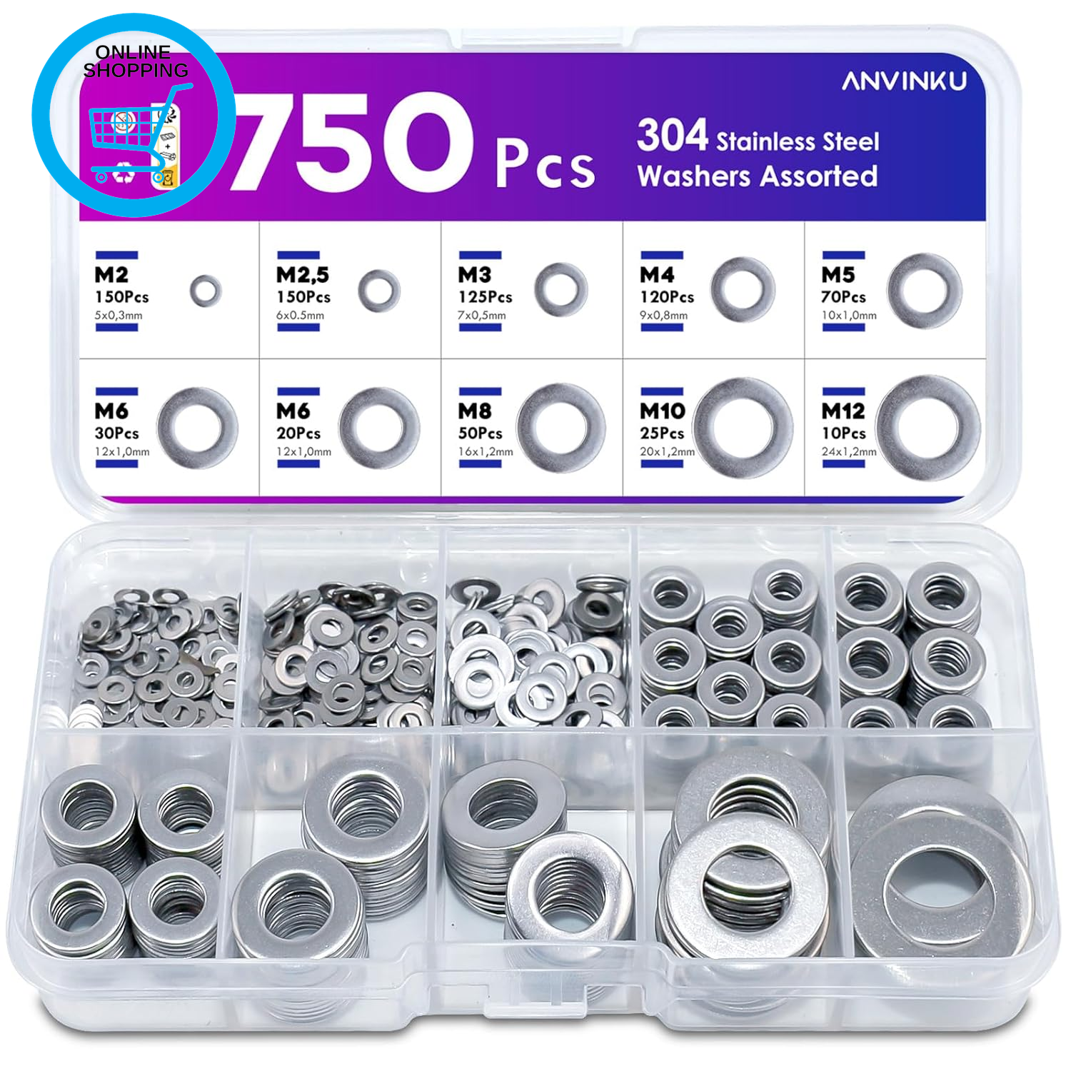 Washers for Screws, 750 PCS Stainless Steel Washer for Bolts, 9 Sizes Assorted W
