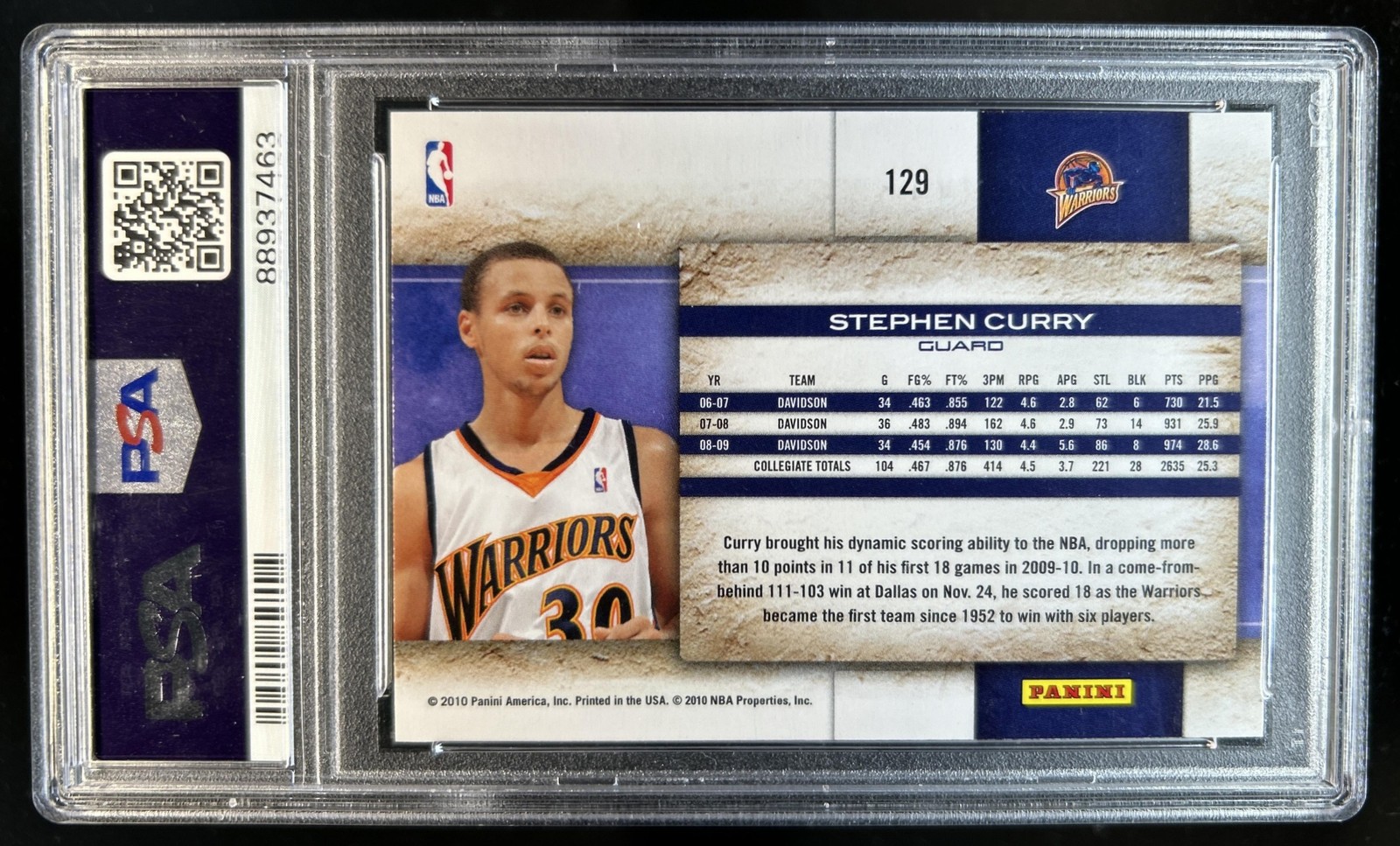 2009-10 Panini Studio Stephen Curry Rookie RC #129 Warriors PSA 10 GEM MINT view 2