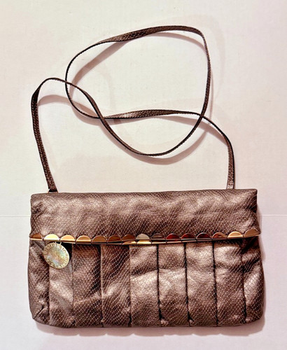 Ganni Bini Gray Bronze Leather Shoulder Bag Gold Trim Vintage Y2K Clutch