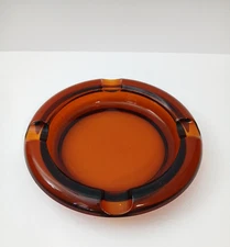 Vintage Large MCM Dark Amber Glass Cigar/Cigarette Ashtray 8” Heavy 4 Slots READ