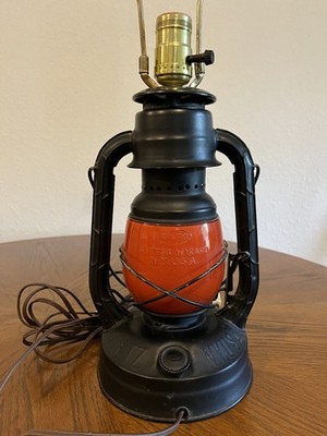 Vintage Dietz Little Wizard Lantern Table Lamp Electric Black Orange NYUSA