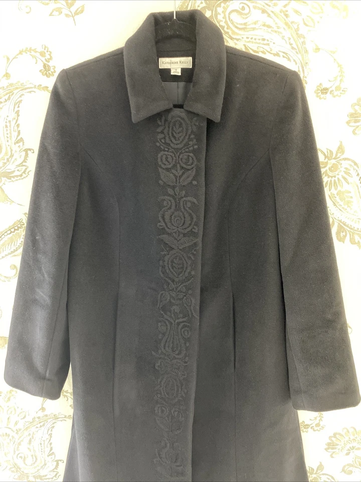 KATHERINE KELLY  100% Cashmere Coat Black w/ Hidden Buttons & Embroidery SZ 12 - Image 2 of 4