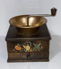 Vintage Hand Painted Hand Crank Wooden Coffee Mill Grinder Great Kitchen Decor