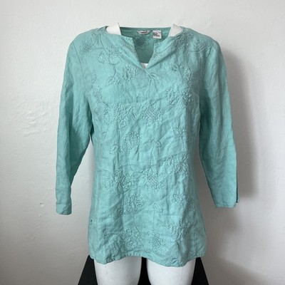 Edward 3/4 Sleeve 100%Linen Tunic Blouse Womens XL Blue Embroidered Zip Closure