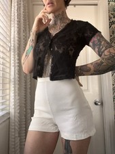 Vtg 40s Textured White High Waisted Shorts Side Zipper Pin Up 24  