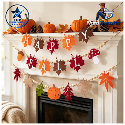 Herbstdeko Filz Girlande Happy Fall mit Kürbis, Ahornblatt, Eichel, Pilz 3m