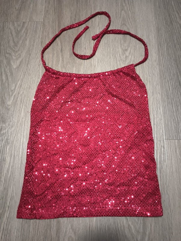 Vtg 70s Red Sequin Sparkly DISCO Halter Crop Top evening party dance XS