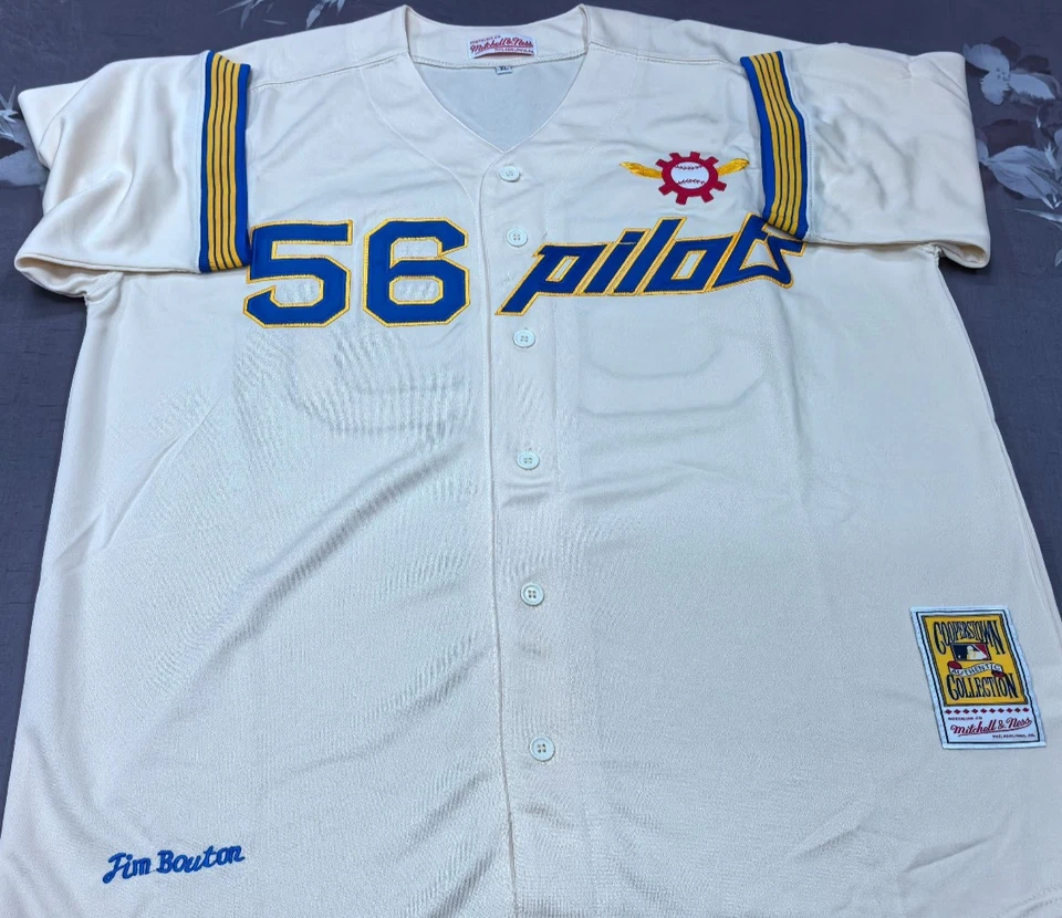 VINTAGE Jim Bouton #56 Seattle Pilots Throwback Cream Sewn Stitched Jersey. - Image 2 of 4