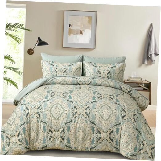 Comforter Set Size,7 Pieces Bed in a Bag Boho Damask Pattern Queen Green