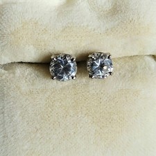 14k White Gold Stud Earrings Cubic Zirconia Clear Rhinestone Prong Set Signed