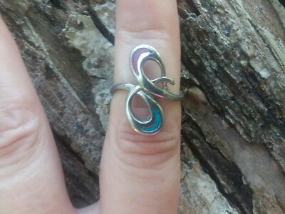 Mainland Silver Turquoise and Coral Abstract Design Ring Size 6.25