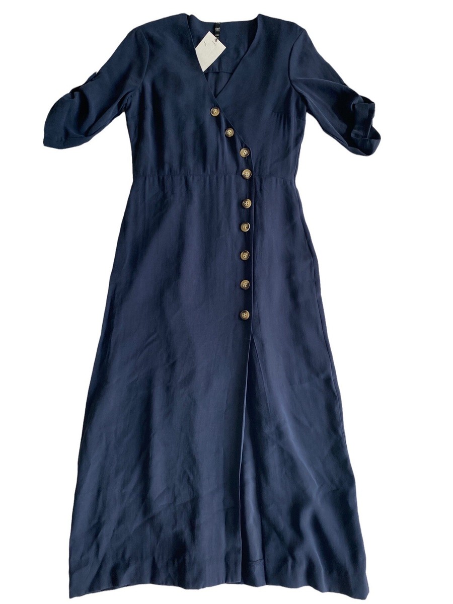Zara Trf Navy Blue Midi Dress Small NWT Tie Waist Tab Sleeve Long Shirt  dress | eBay