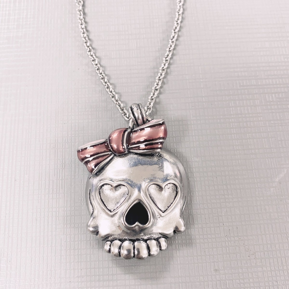 skull necklace pink purple bow heart eyes stainless steel
