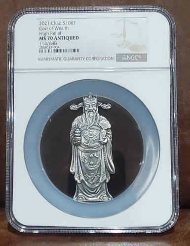 2021 NGC MS 70 CHAD 2oz Silver 10KF "GOD OF WEALTH" High Relief 114/688
