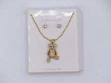 TEDDY BEAR BEDAZZELED GOLD NECKLACE SET W/ SILVER STUDS 18"