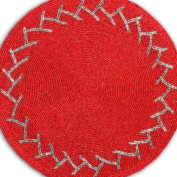 Set Of 6 Red Placemat Valentines Beaded Tablemat Designer Charger Plate 13X13 In - Image 2 of 4