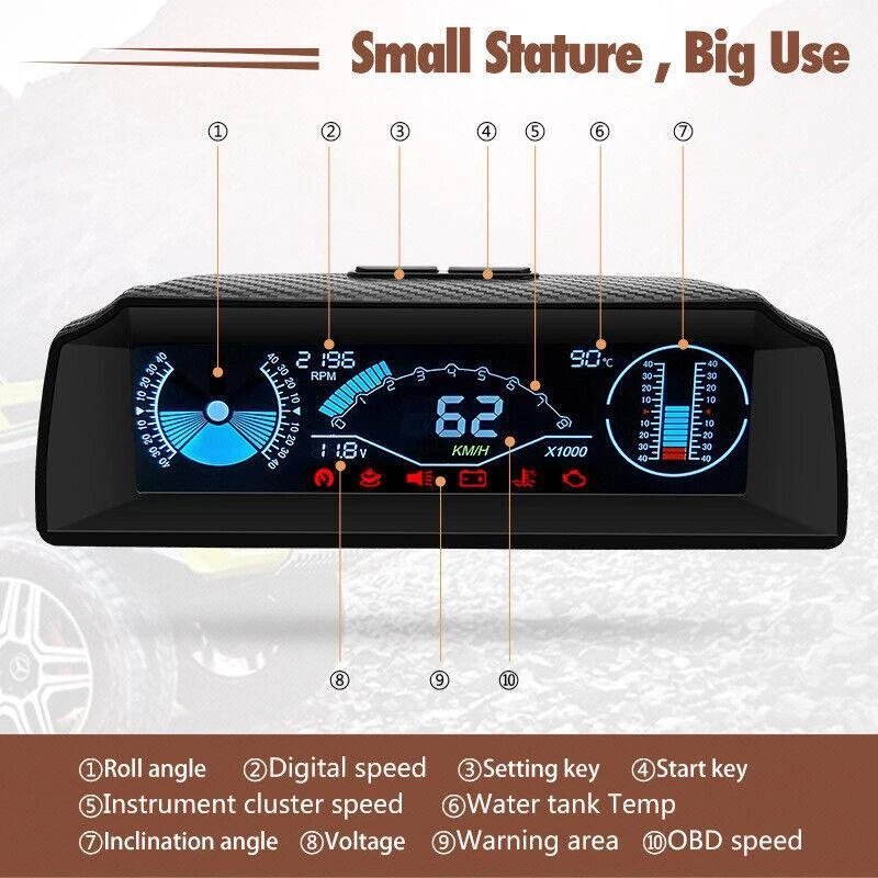 OBD2 Auto HUD Tablero Head Up Display Velocímetro Medidor de pendiente Inclinómetro Brújula Foto 4 de 4
