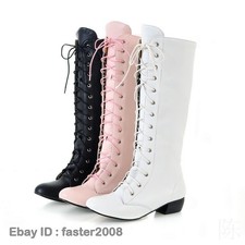 Womens Chunky Low Heel Mid Calf High Boots Lace Up Boots Shoes Pole Dancing Goth