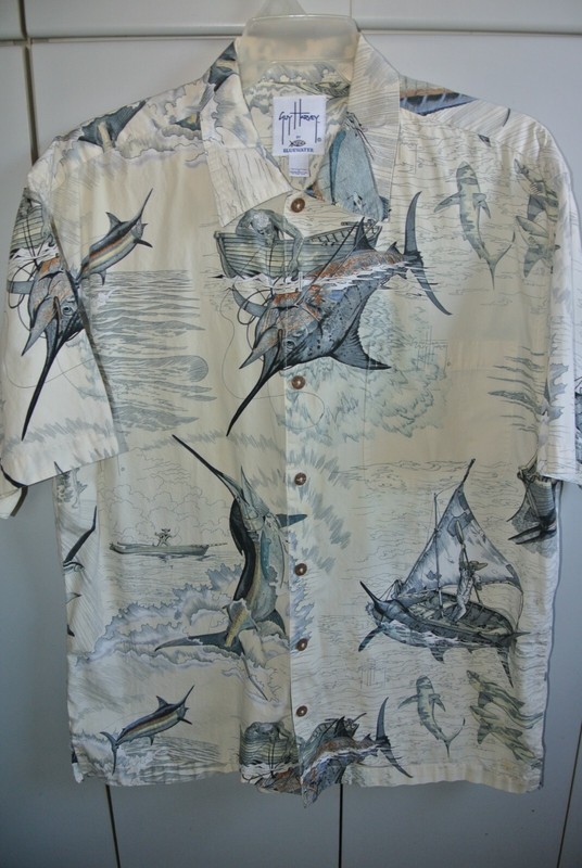 Guy Harvey-AFTCO  Mens Large  Boats & Jumping Swordfish on White/Nice
