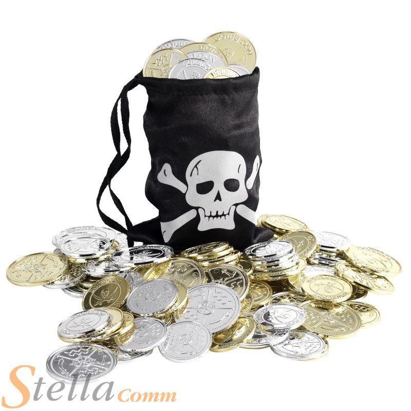 Pirate Treasure Bag Fancy Dress Costume Accessory Coin Pouch With 12 Coins