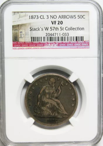 1873 CL3 No Arrows Seated Liberty Half Dollar NGC VF-20