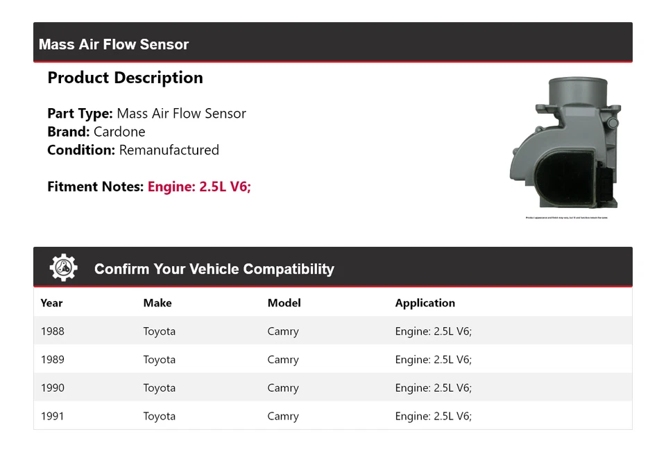 Sensor de flujo de aire masivo Cardone 1989 1990 para Toyota Camry 1988-1991 2,5 L V6 Foto 2 de 4