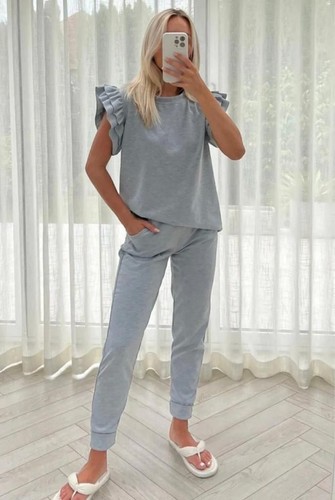 Conjunto de ropa de salón inferior cuadrada manga peplum con volantes chándal para damas y mujeres Reino Unido - Imagen 4 de 6