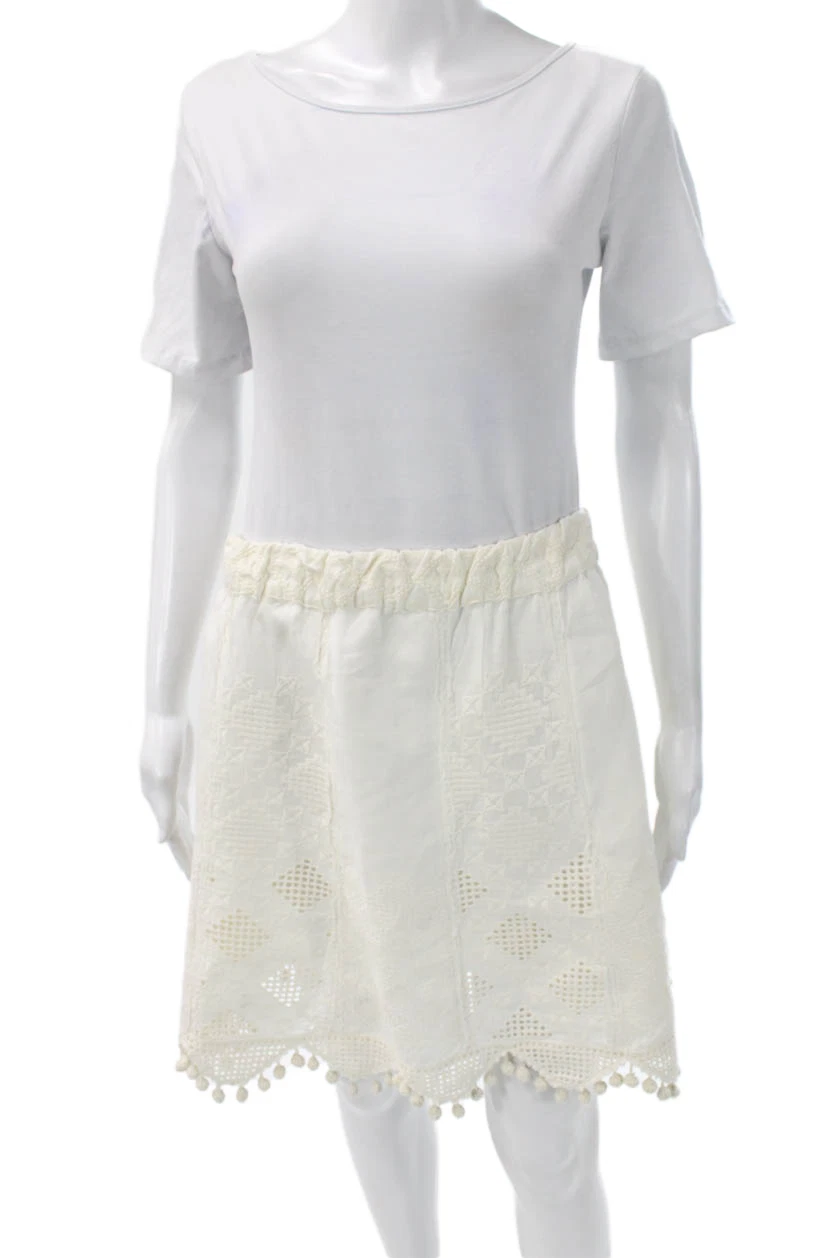 Calypso Saint Barth Women A-Line Skirt White Linen Geometric Mini Size M