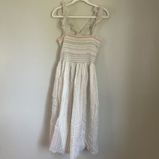 Madewell Ruffle-Strap Smocked Rainbow Stripe White Midi Sleeveless Dress Size M