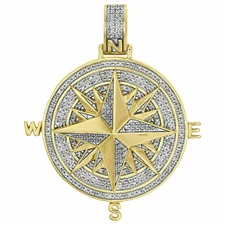 Diamond Compass Pendant Medallion Charm 1.65" 10K Yellow Gold FN Charm 0.50 CT
