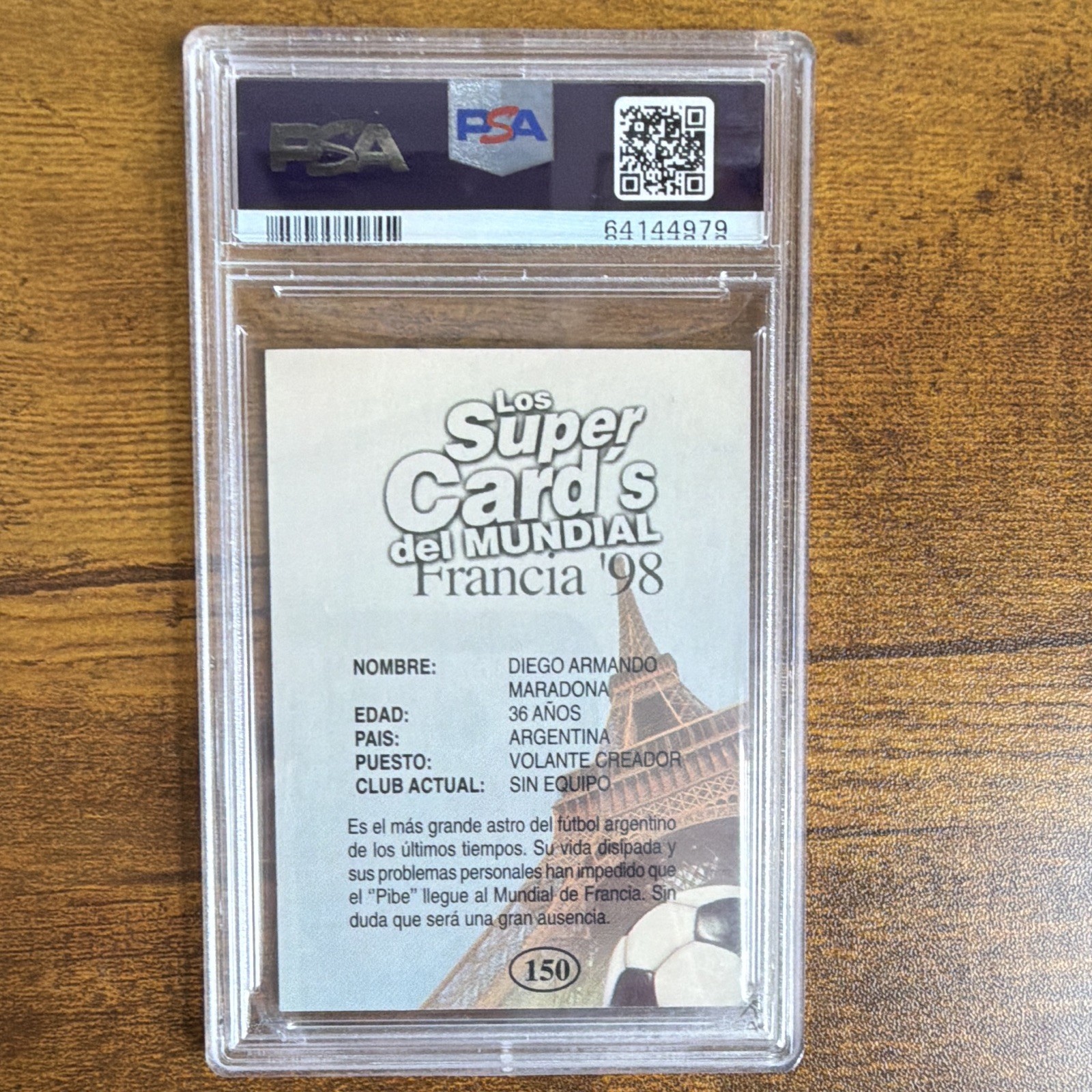 Los Super Card's del Mundial Francia 1998 Diego Maradona #150 Base PSA 7 ARG view 2
