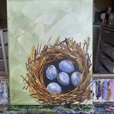 Robin Eggs,bird Nest,spring,Easter,acrylic paintings on canvas original 8/10,