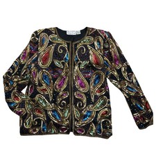 VINTAGE Laurence Kazar Black Silk Sequin and Beaded Paisley Evening Jacket L