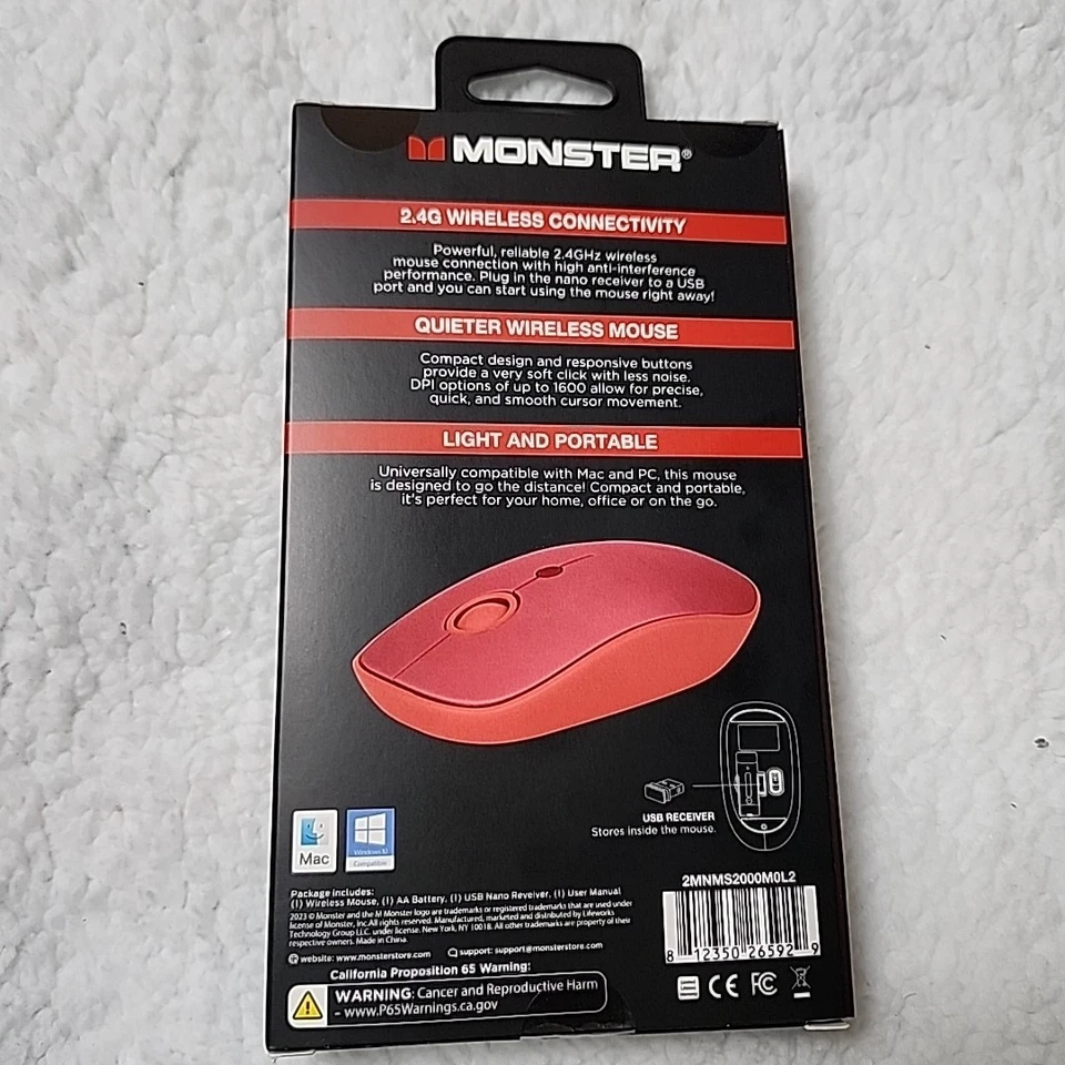 Monster Wireless Mouse Silent Clicks Compact Light Portable 2.4G Pink Orange - Image 3 of 4
