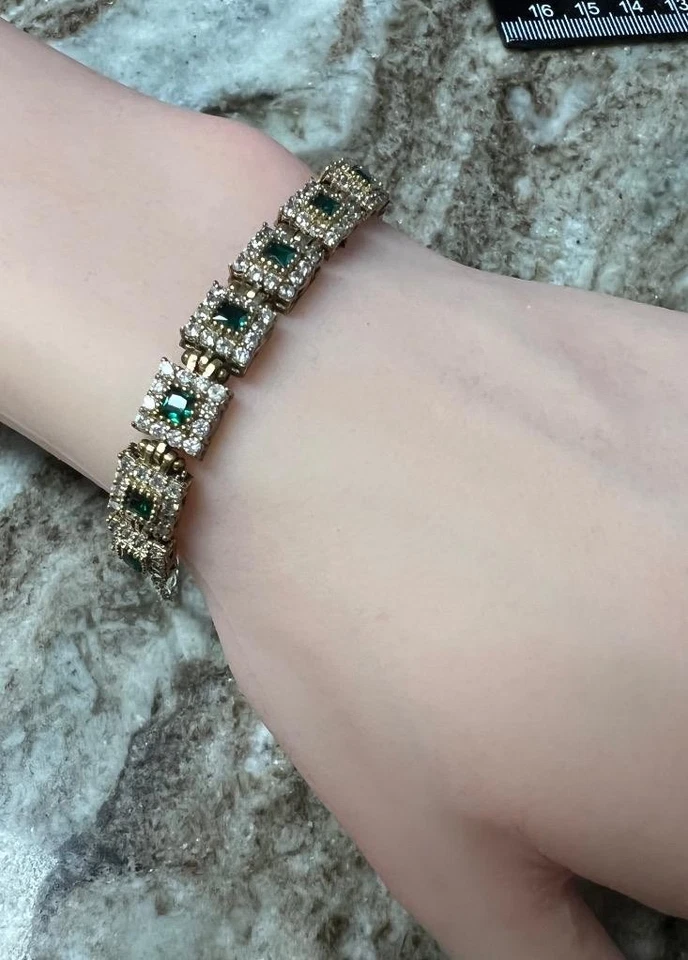 Genuine Green Tourmaline 14K Gold on SOLID 925 Bracelet REAL White Sapphire - Image 3 of 4