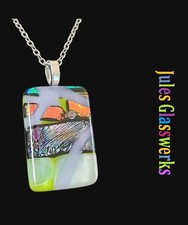 Hand Crafted Fused Dichroic Glass Pendant Necklace W/ Chain 1864