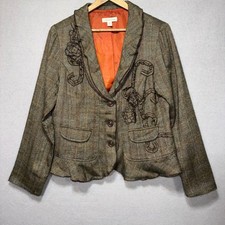 Coldwater Creek Tweed Herringbone Wool Blend Blazer Jacket Floral Ruffle Sz 12
