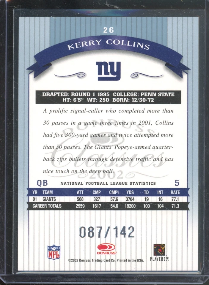 2002 Donruss Classics KERRY COLLINS #26 Significant Signatures Auto /142 Giants - Image 2 of 2