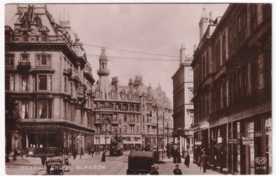 Charing Cross Glasgow RPPC Postkarte Grand Hotel Post Office Straßenbahn 1912 EAS Geschäfte